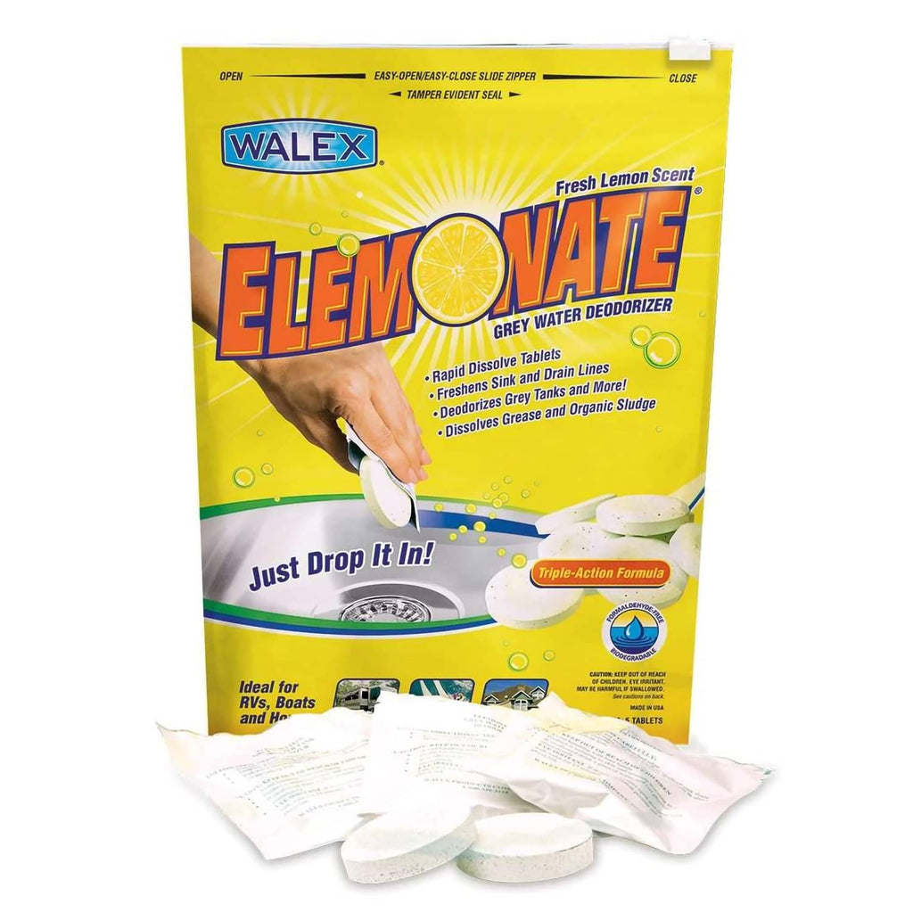 WALEX Elemonate RV grey water tank deodorizer bag with white dissolvable tablets