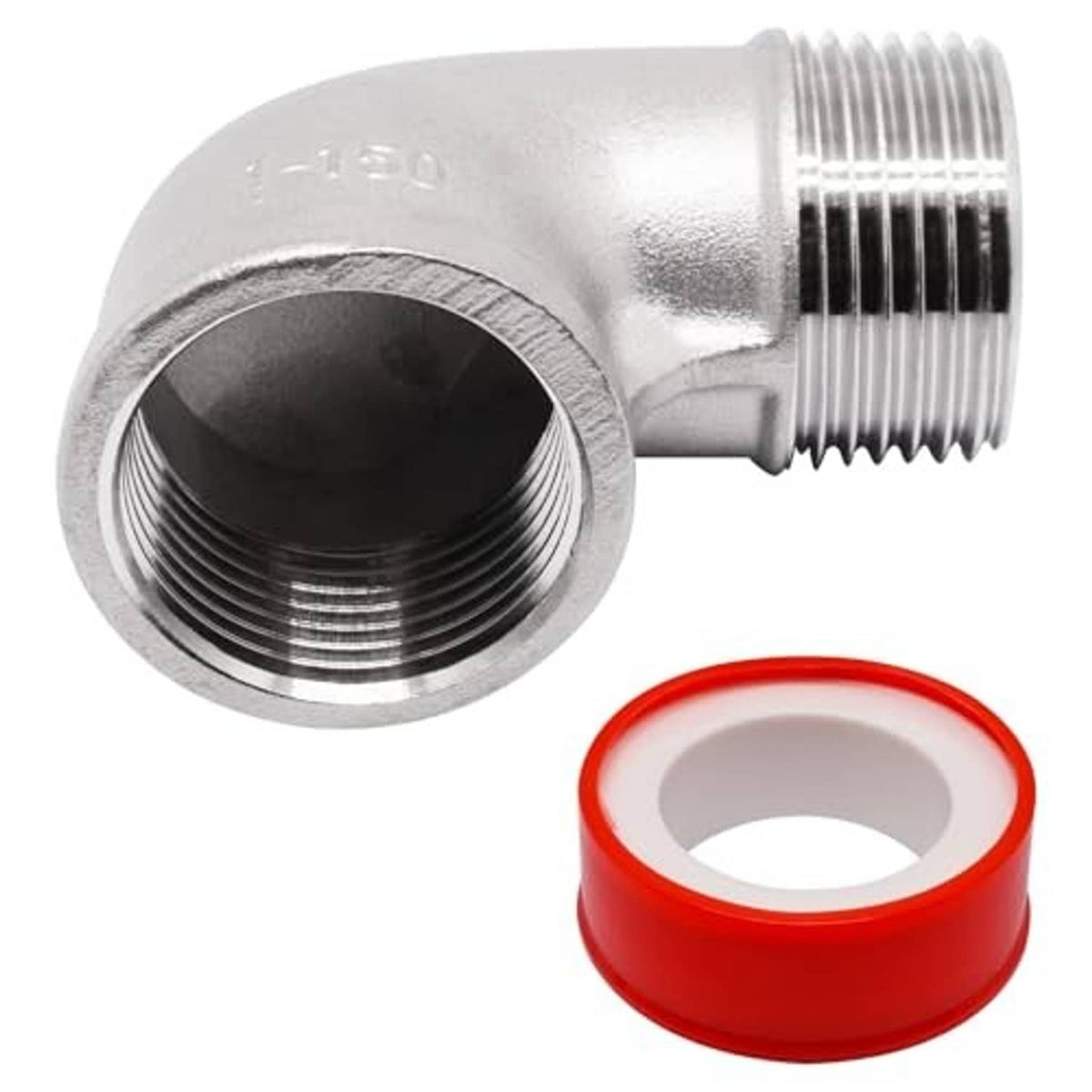Stainless steel 90-degree elbow pipe fitting with 1 in NPT threads and red sealing ring