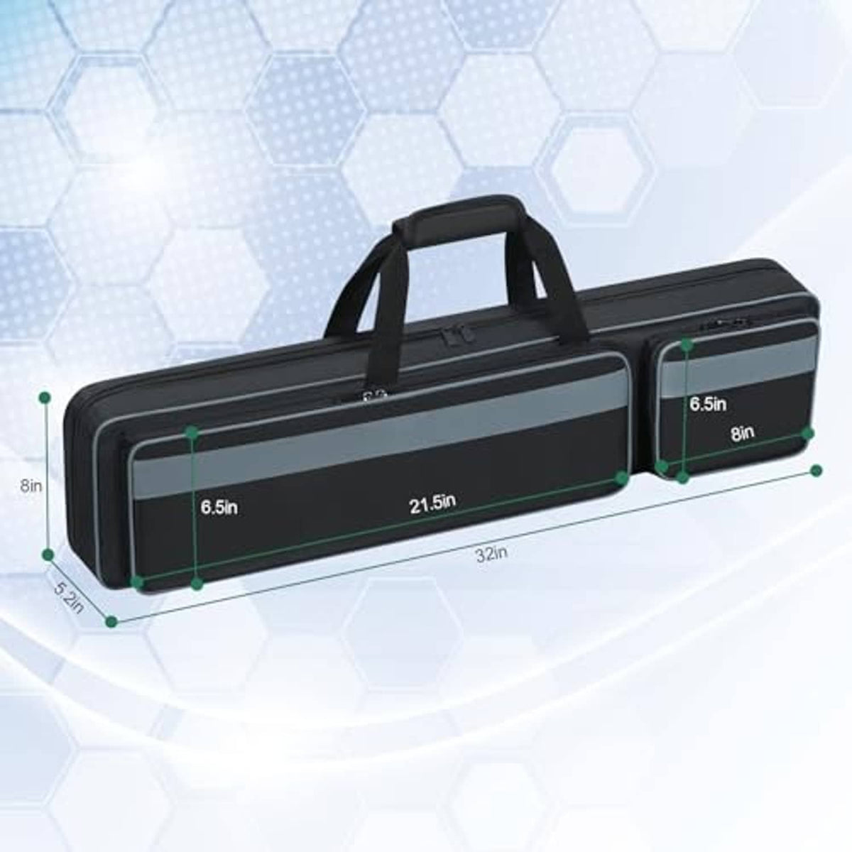 Black pool cue case with dimension indicators, padded zip compartments