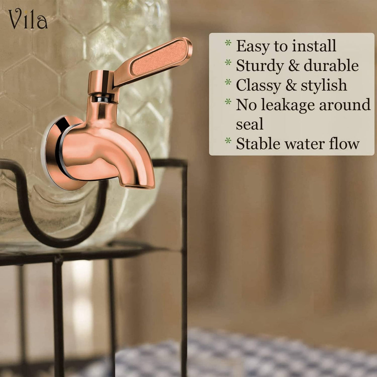 Beverage dispenser spigot faucet with copper handle and chrome spout on a dispenser