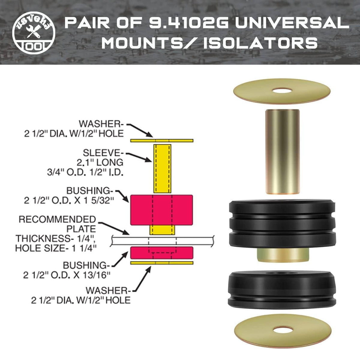 Universal mounts and isolators kit diagram with black isolator pair and gold bushing plates