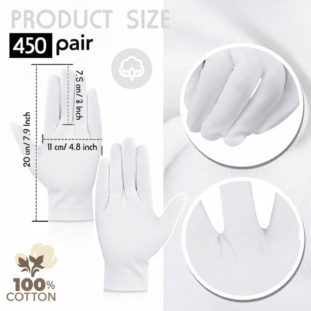 Size L white cotton gloves, measurement diagram and close-up of fingertips