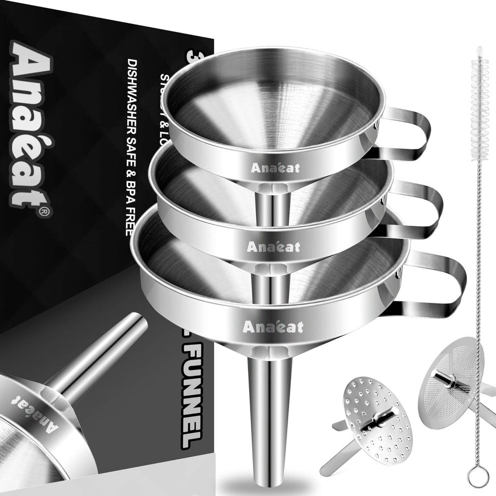 Stainless steel kitchen funnel set with three nested funnels and loop handles