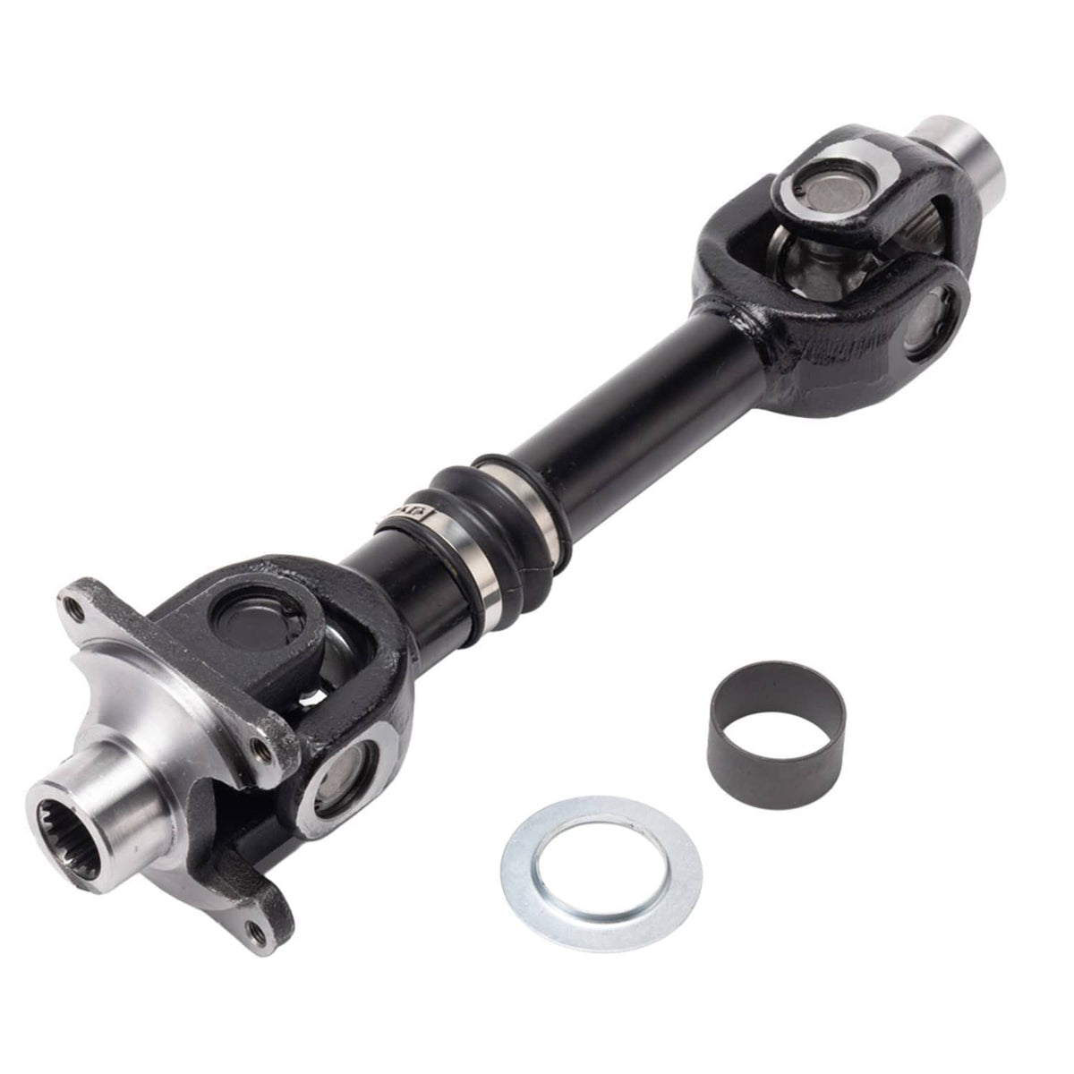 Rear propeller drive shaft assembly with yoke joints, black rubber boots, includes washers