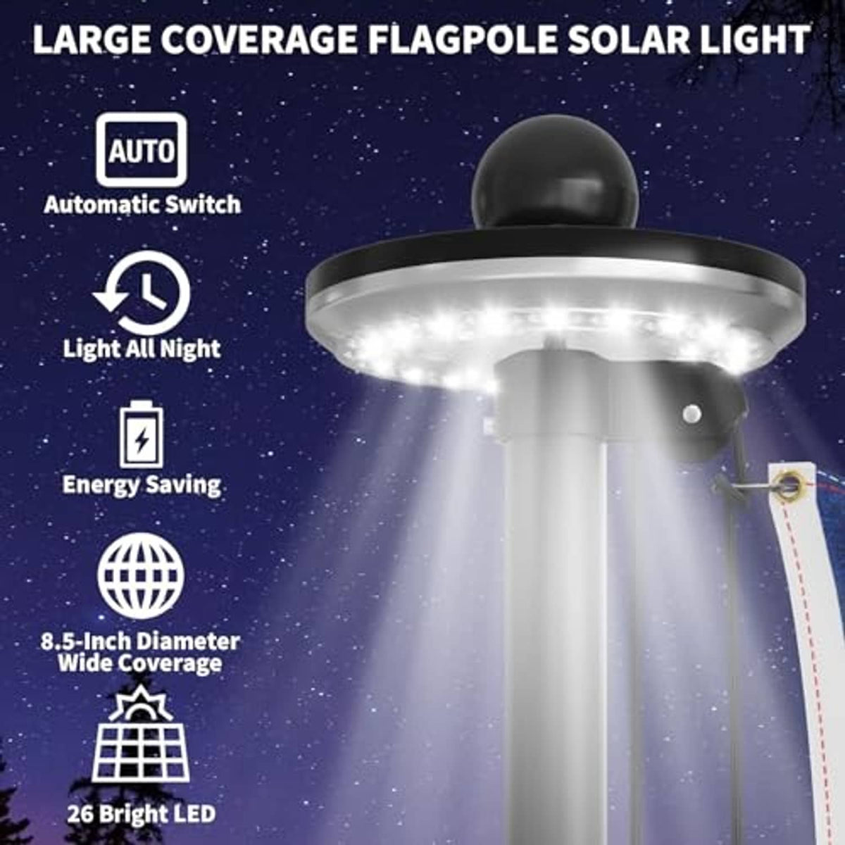 Black flag pole with round solar light head emitting LED glow