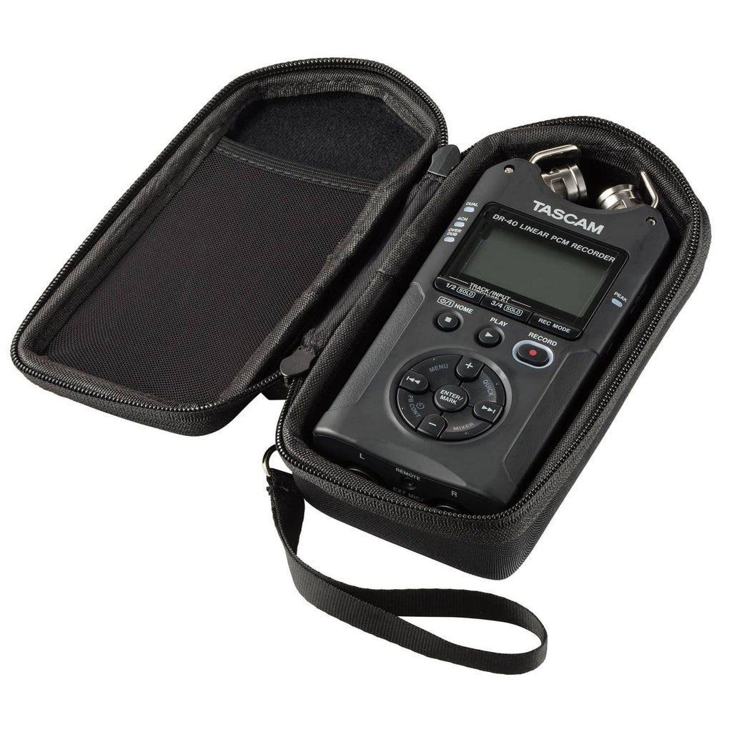 Black hard case open with padded divider, holding a digital recorder with display