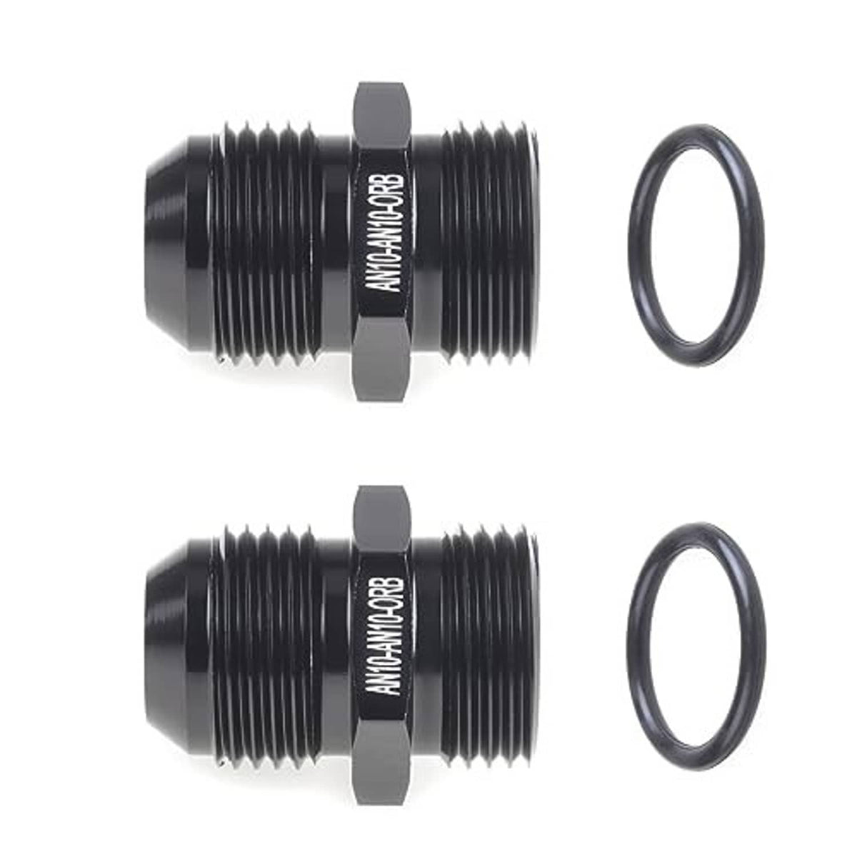 Two black AN10-AN10 ORB male O-ring boss adapters with matching rubber O-rings