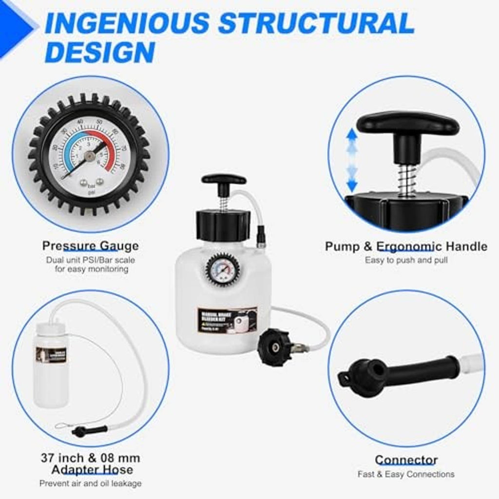 Brake bleeder kit with pressure gauge, pump handle, and adapter hose connectors