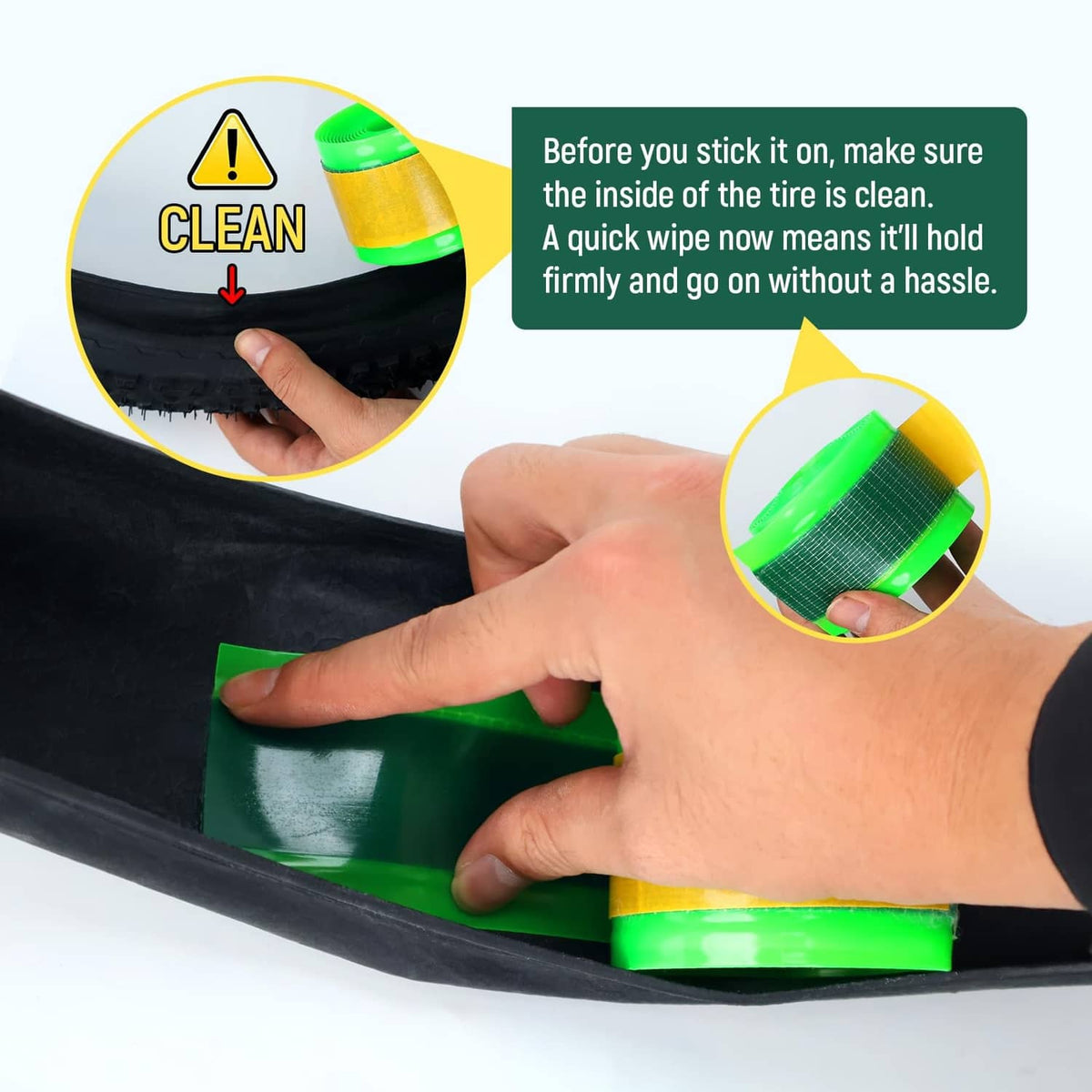 Green TPU tire liner being pressed onto a black bicycle tire sidewall
