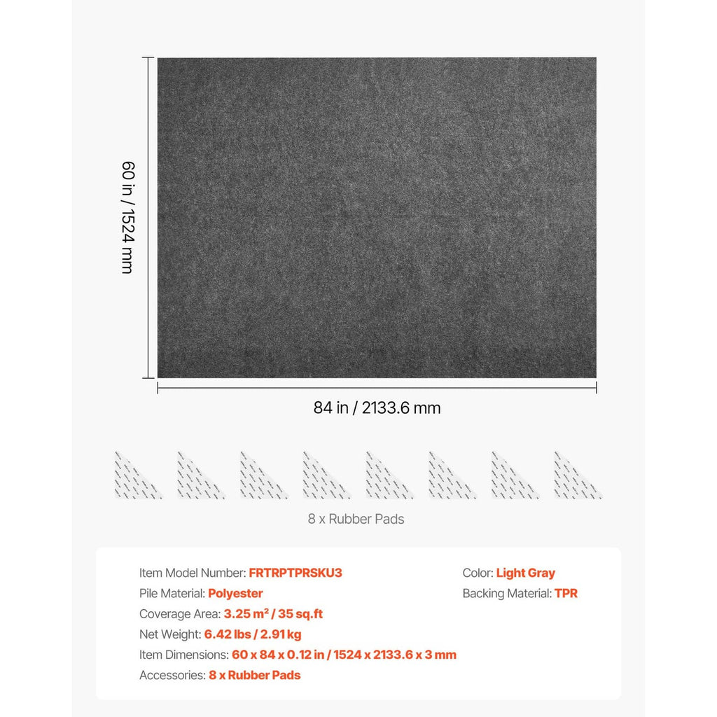 Light gray rug pad felt underlay with size dimensions and product specifications card