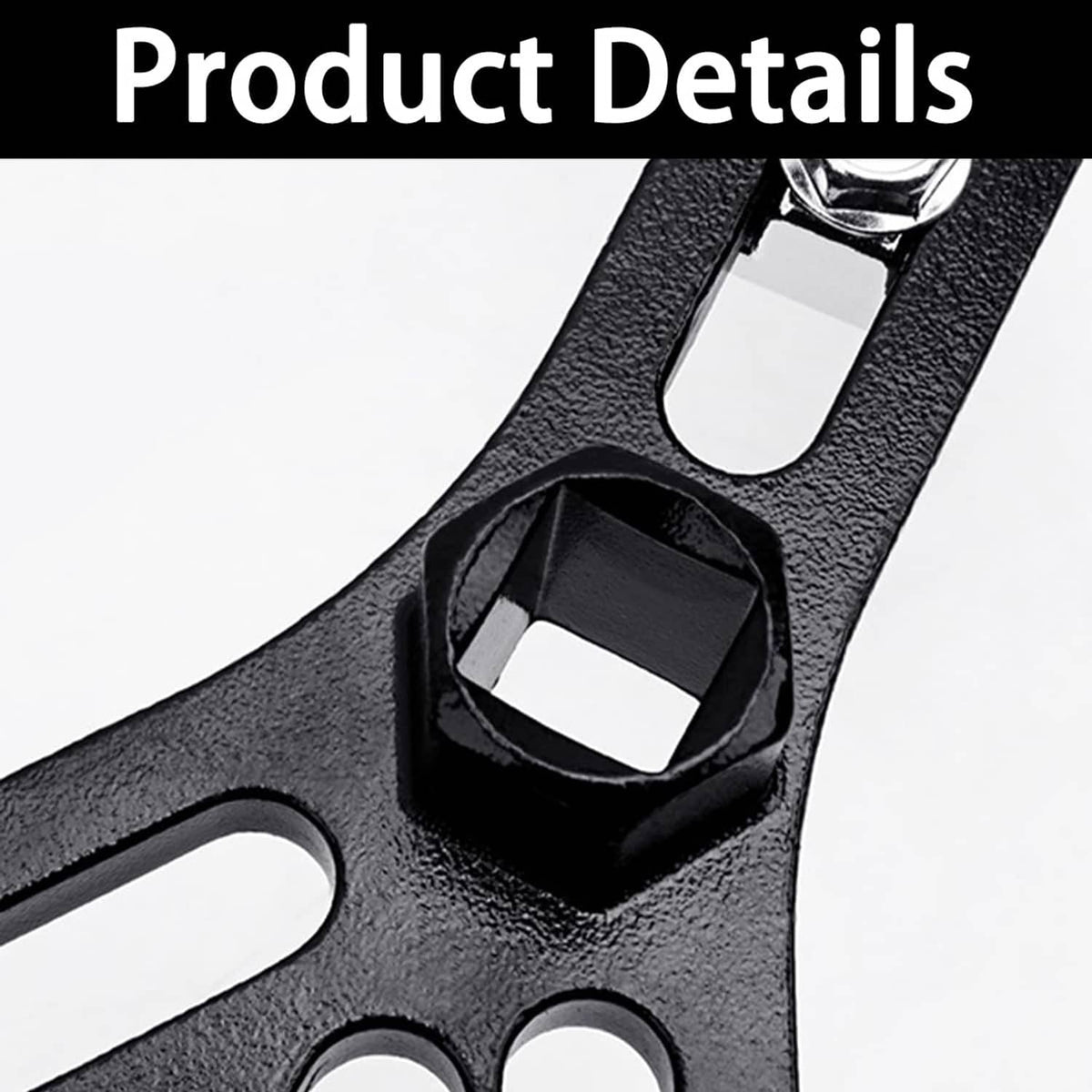 Black clamp tool detail with square opening and textured finish