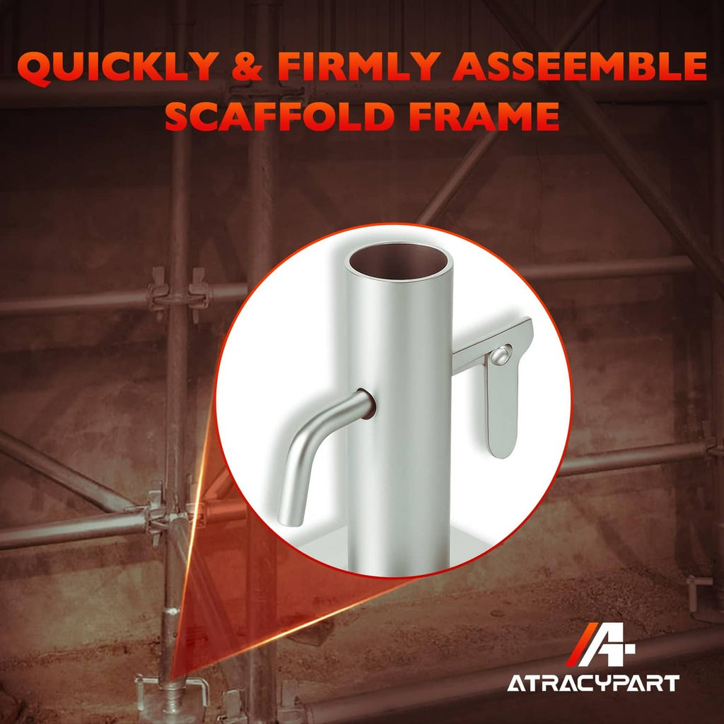 Galvanized scaffolding toggle locking pin on base plate with curved U-shaped lever.