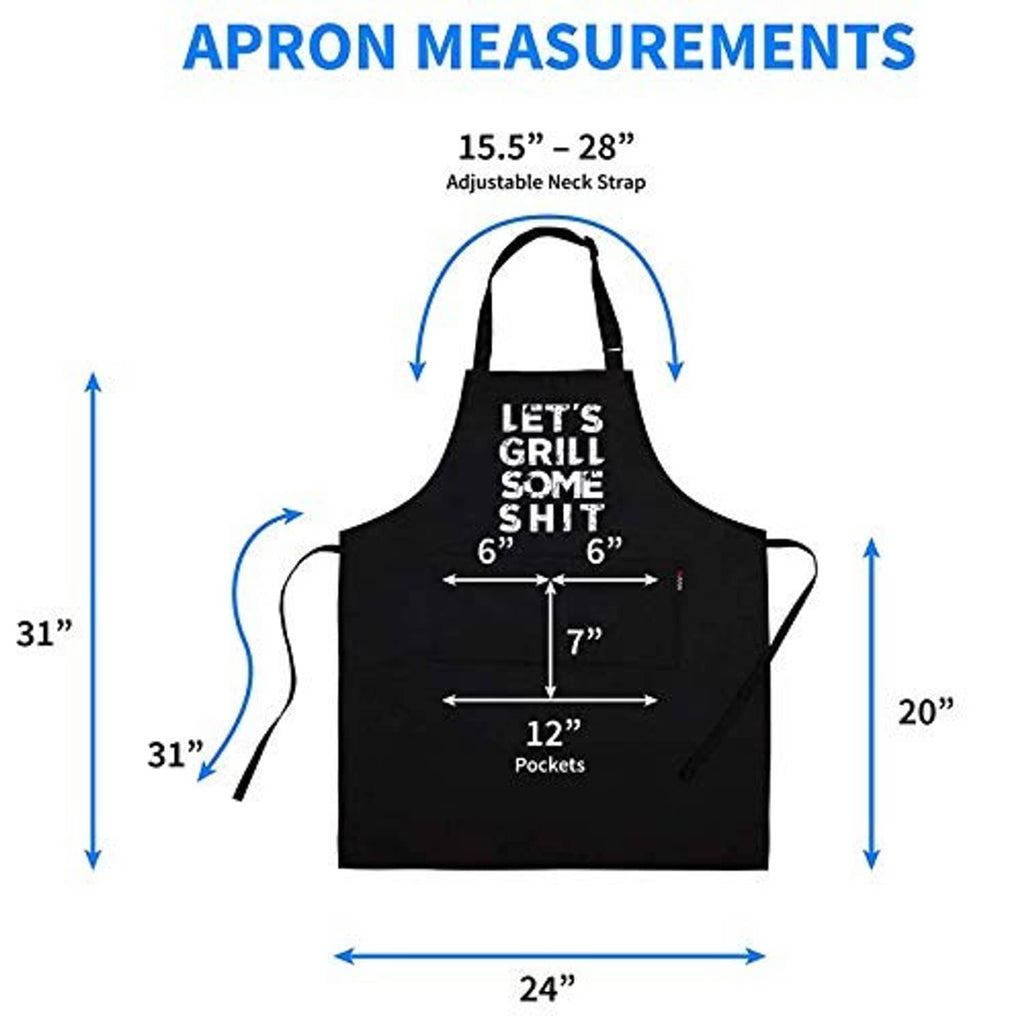 Black BBQ apron size chart with adjustable neck strap; 31 in length and 20 in width