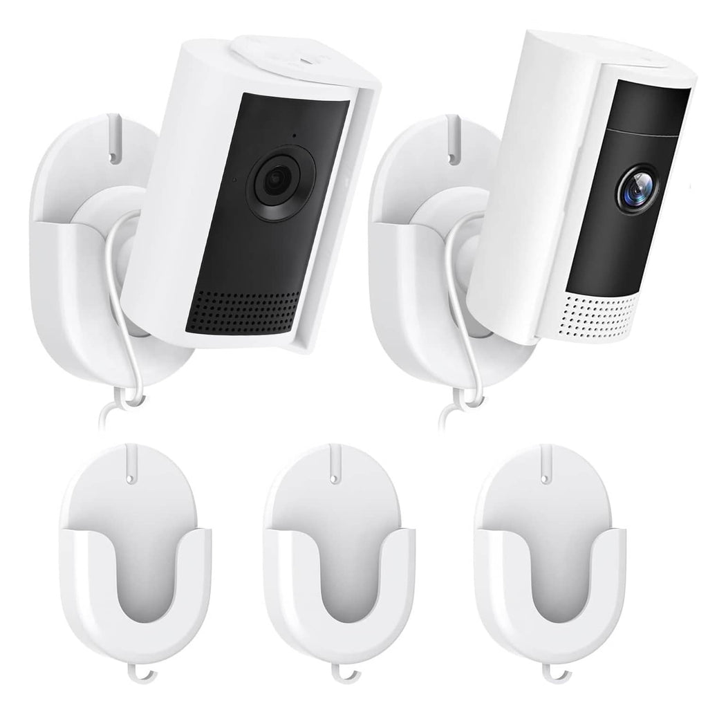 White indoor security camera mount bracket pair with cable stand and base