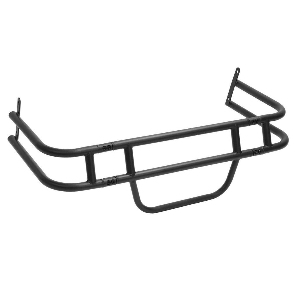 Black brush guard grille bumper with long upper bar and curved lower protective bars