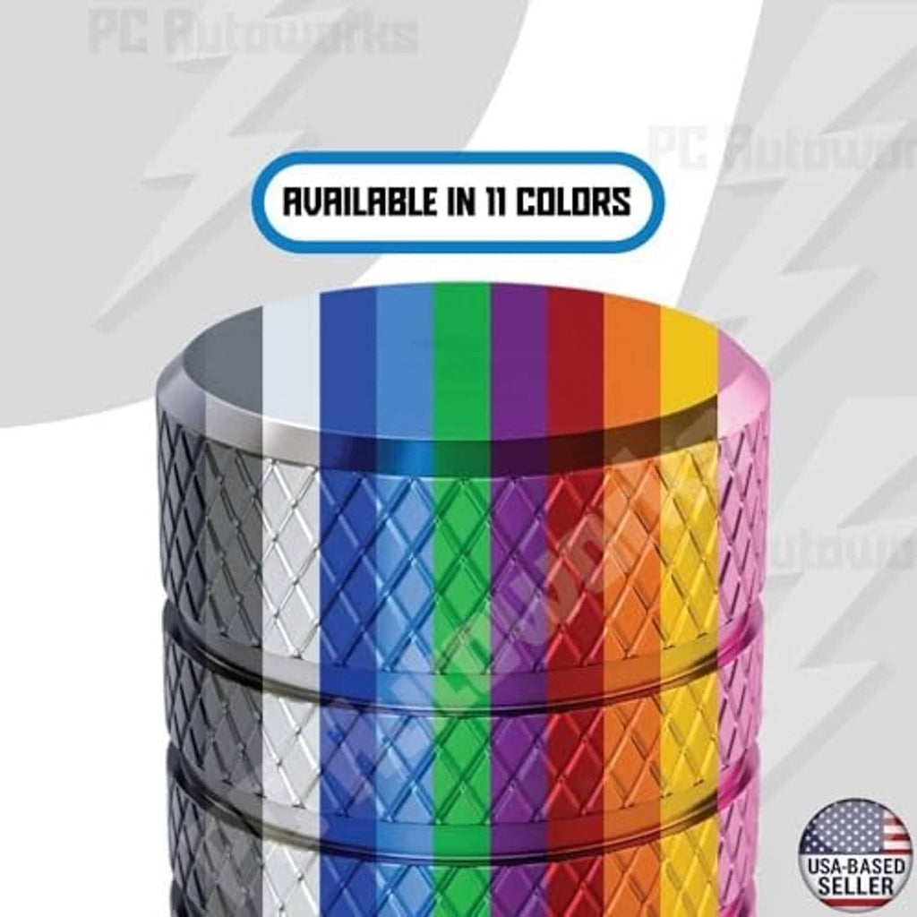 Tire valve stem caps in multiple colors with textured anodized shells