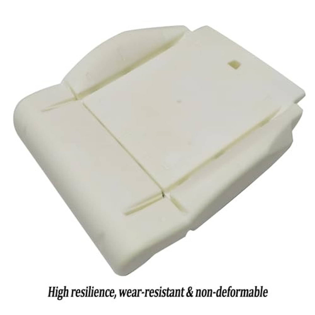 Light beige corner view of front seat bottom foam cushion pad with mounting slots