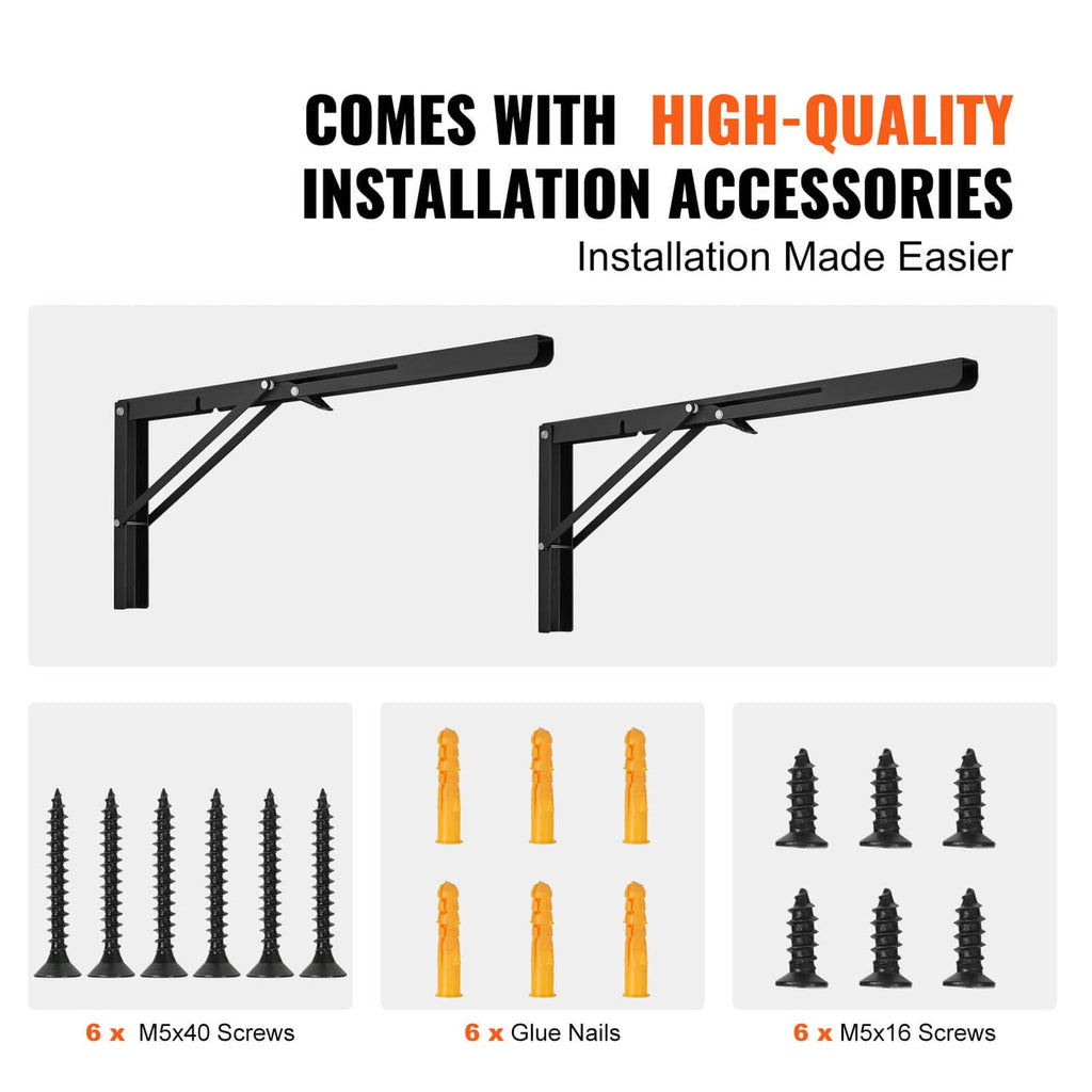 Folding shelf brackets kit with M5x40 screws, glue nails, and M5x16 screws