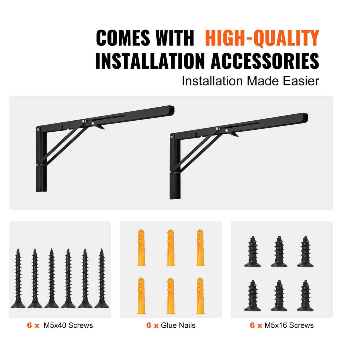 Folding shelf brackets kit with M5x40 screws, glue nails, and M5x16 screws