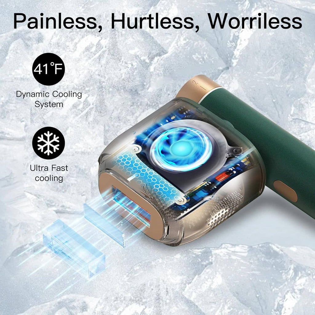 Green IPL hair removal device with blue cooling light on the treatment head
