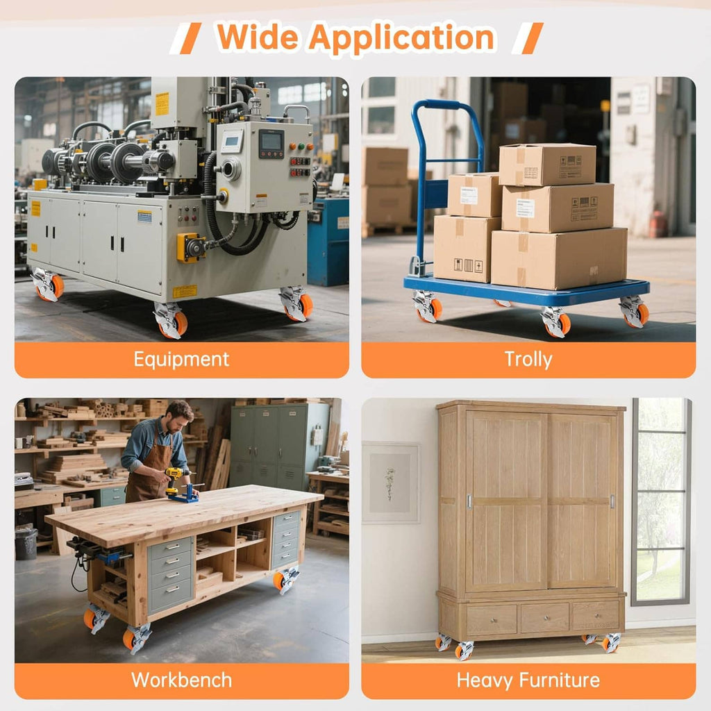 Heavy-duty caster wheels attached to a mobile equipment cart with orange polyurethane tires