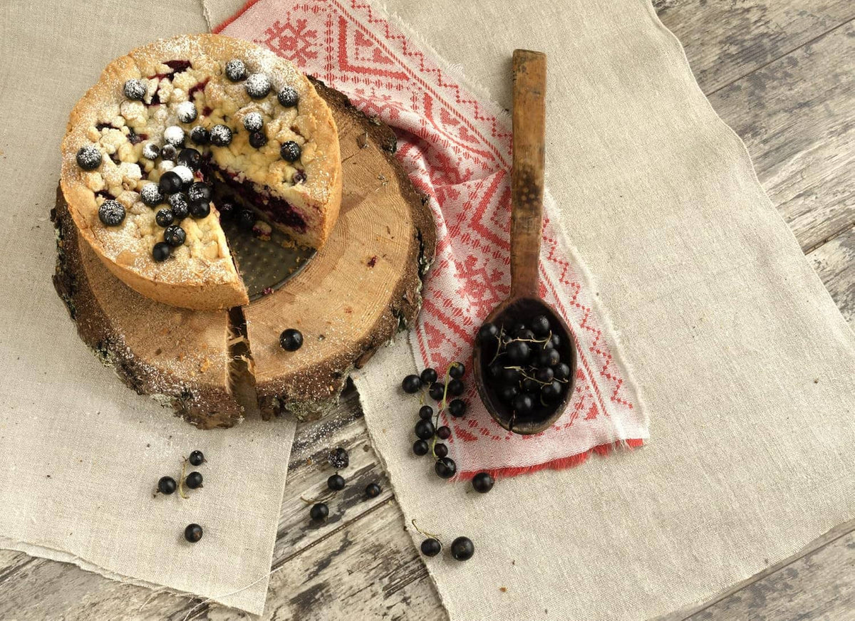 Blackcurrant-topped cake slices with whole freeze dried blackcurrants