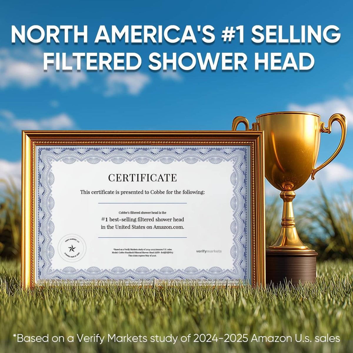 Filtered shower head certificate and gold trophy graphic with shower head