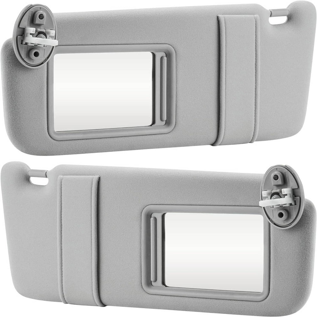 Gray sun visors set with vanity mirrors and rear mounting clips, front view and back view