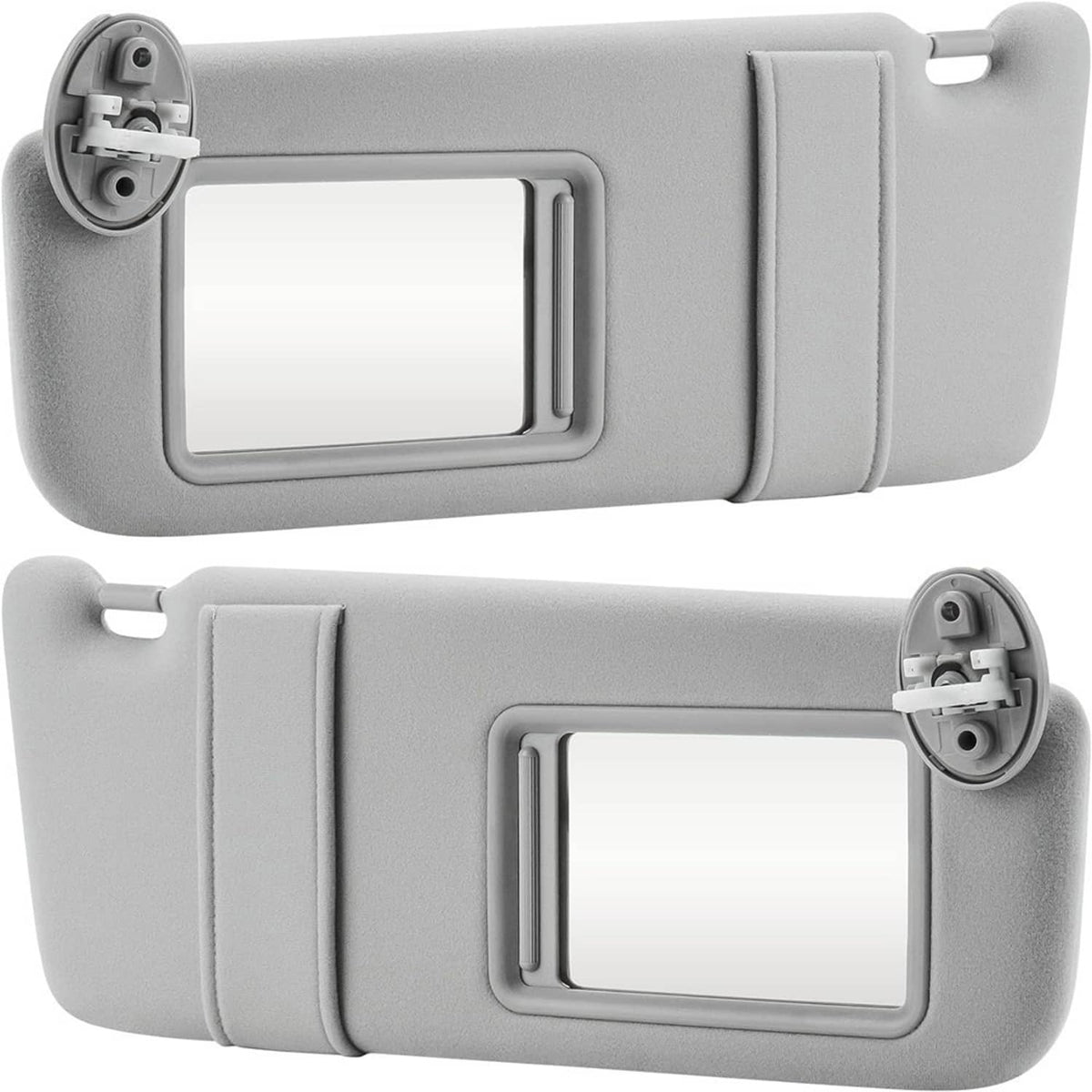 Gray sun visors set with vanity mirrors and rear mounting clips, front view and back view