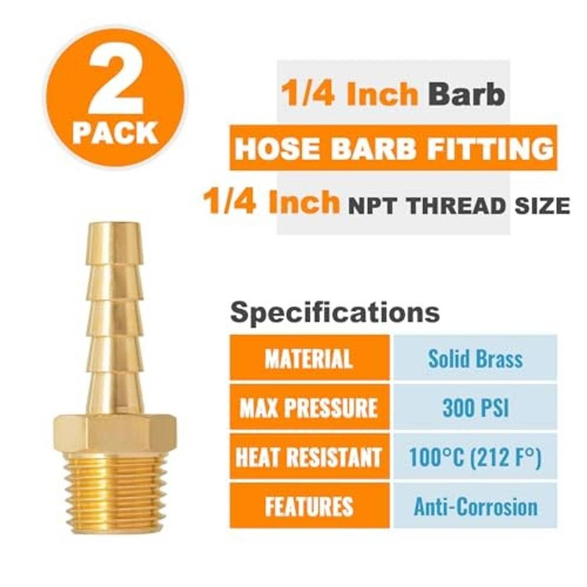 Brass 1/4 in hose barb to 1/4 in NPT male hose fitting, barbed and threaded ends
