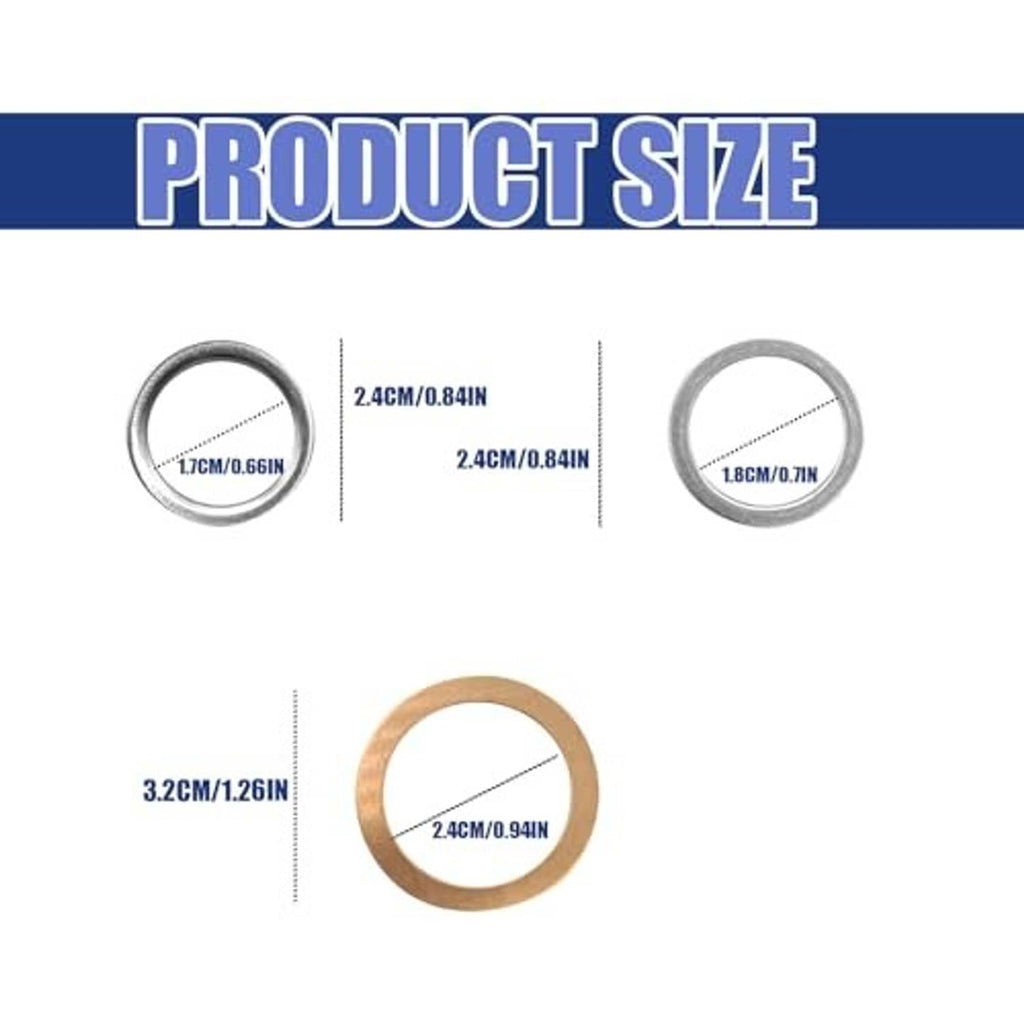 Crush gasket size chart with copper and gray sealing rings, multiple measurements shown