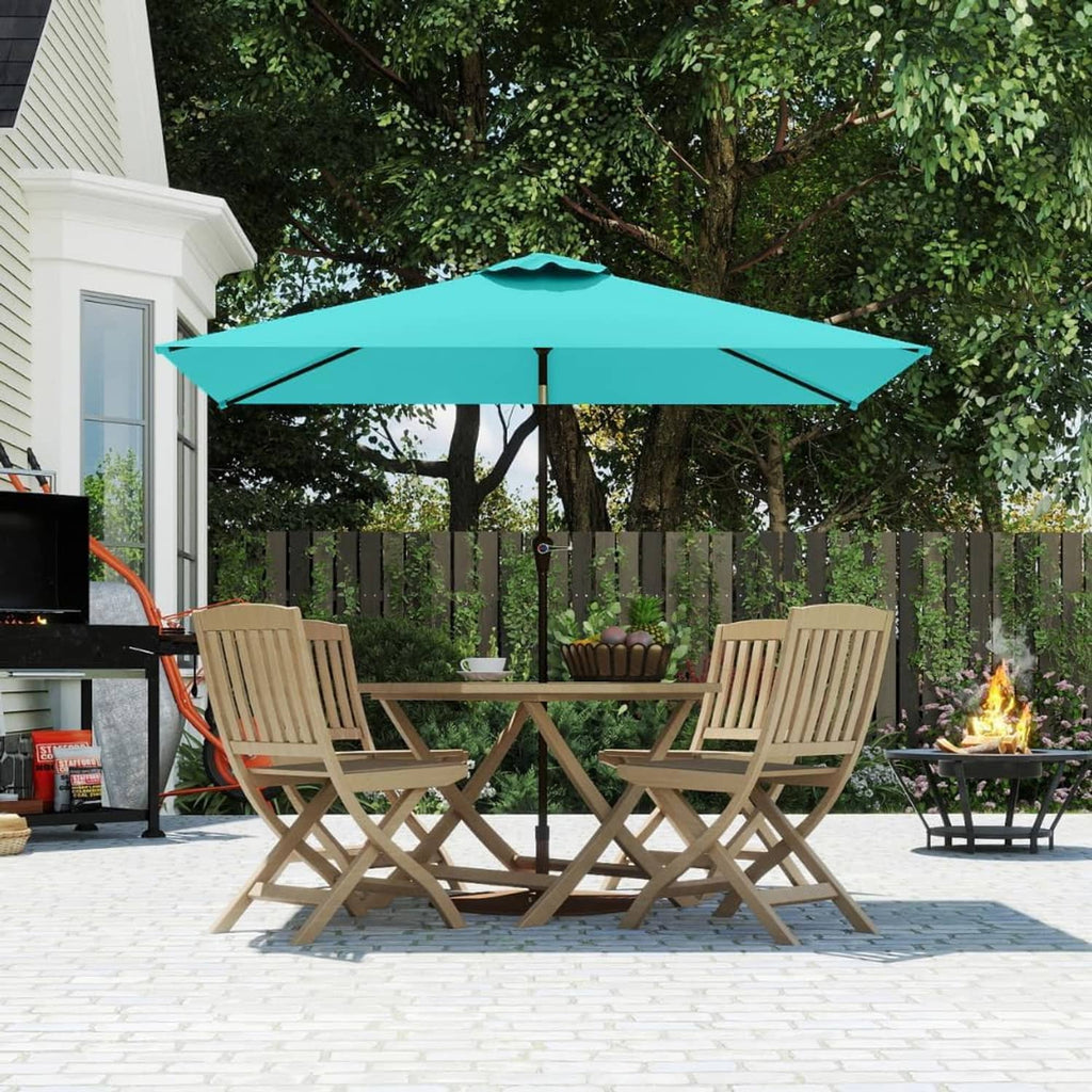 Teal rectangular patio umbrella with black pole and spread canopy