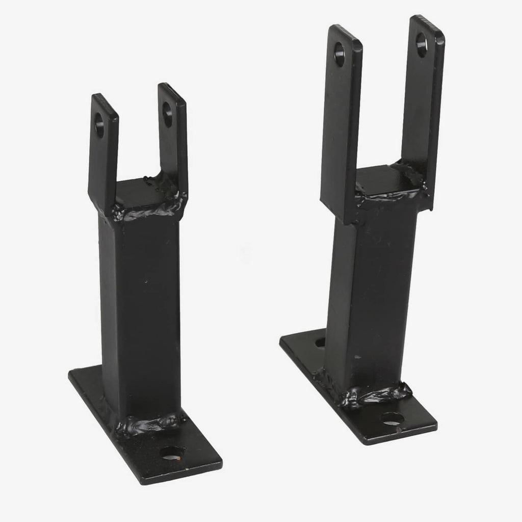 Black metal trimmer rack holder bracket with two upright posts and flat base plates
