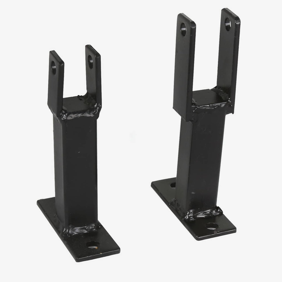 Black metal trimmer rack holder bracket with two upright posts and flat base plates