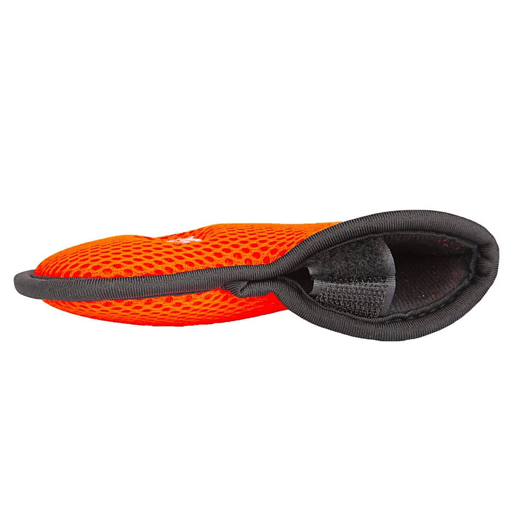 Bright orange and black mesh golf iron head cover with open pocket detail