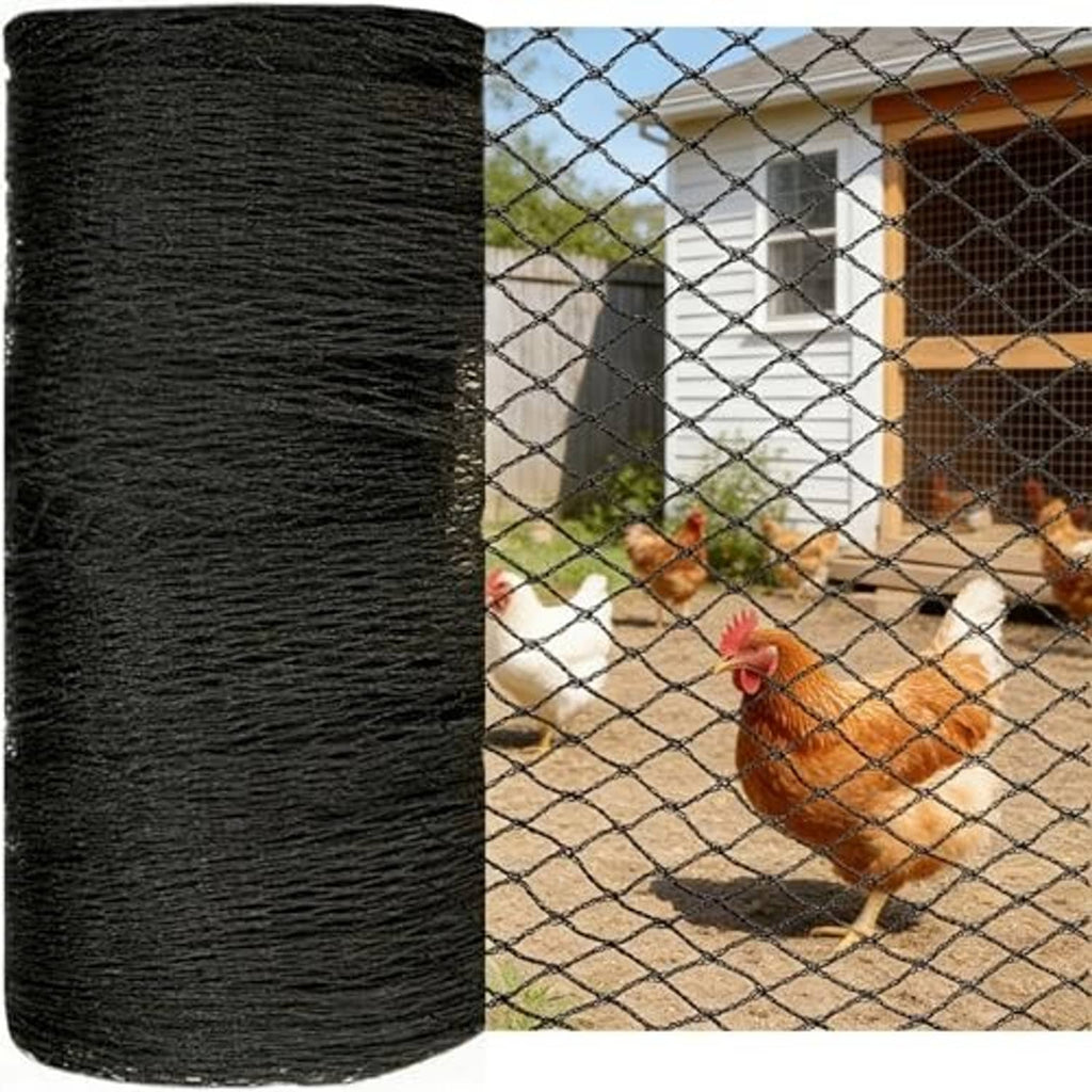 Black bird netting roll with diamond mesh, covering a chicken run