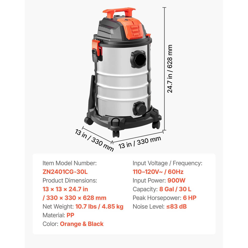 Wet/dry vacuum cleaner with orange top, silver metal tank, and caster wheel base