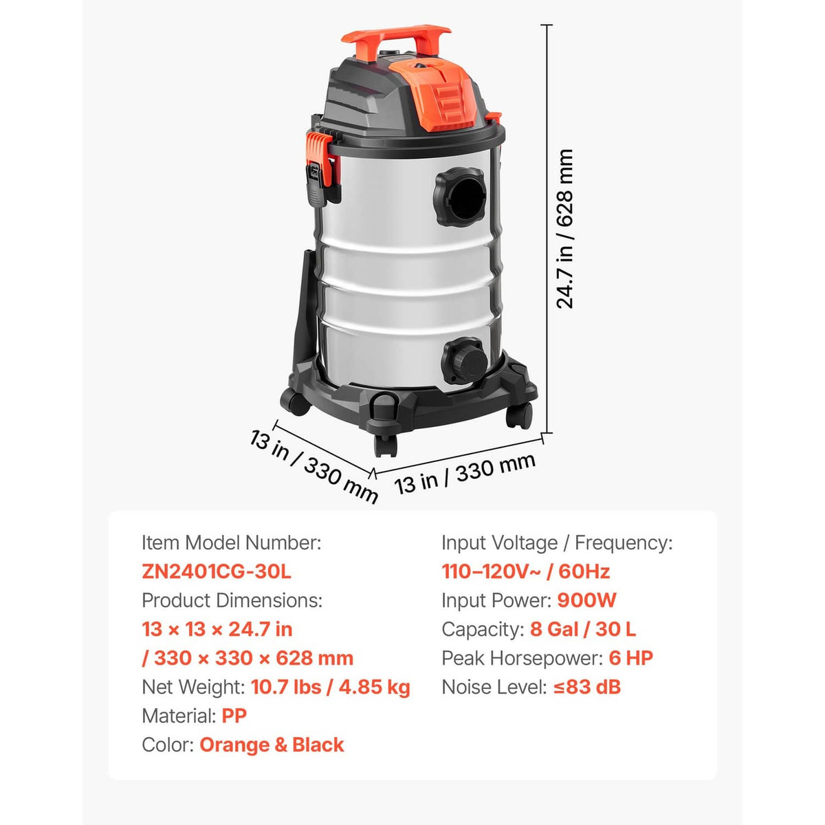 Wet/dry vacuum cleaner with orange top, silver metal tank, and caster wheel base