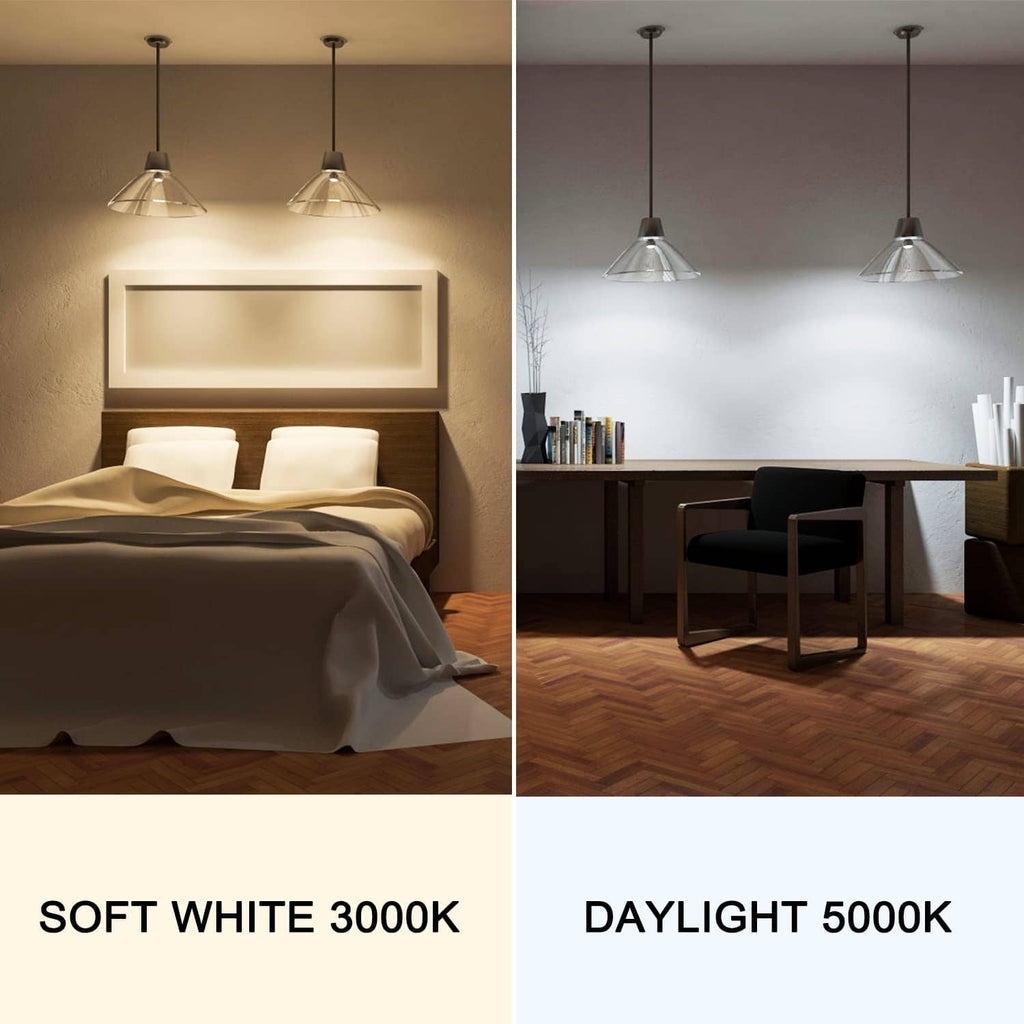 Split lighting scene comparing soft white 3000K and daylight 5000K LED bulbs.