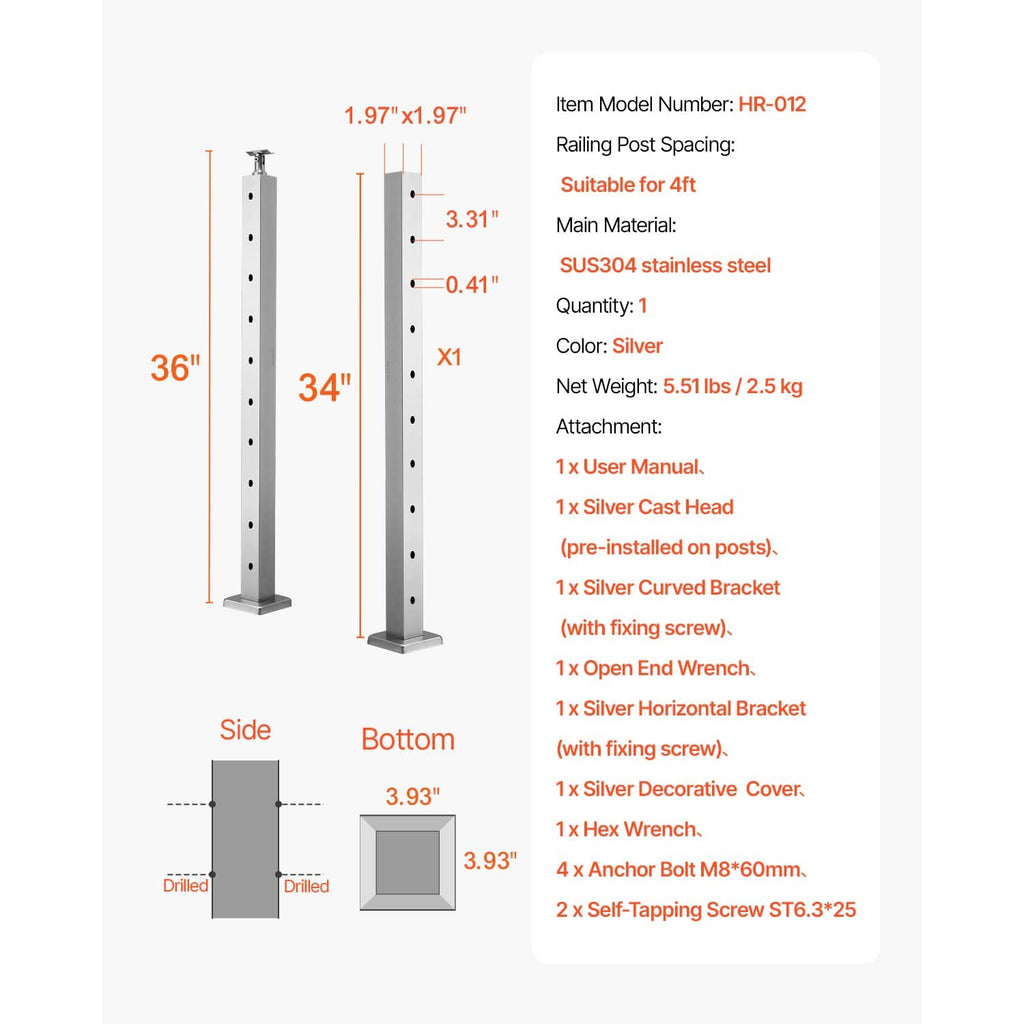 Silver cable railing post with labeled dimensions and SUS304 stainless steel construction