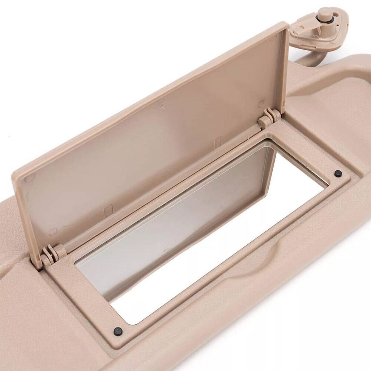 Beige sun visor with extended support bar and hinge mechanism