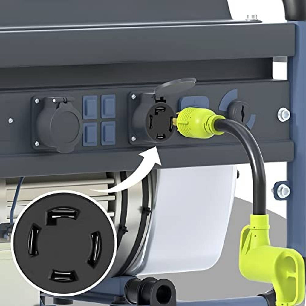 Green adapter plug connected to RV generator outlet on control panel