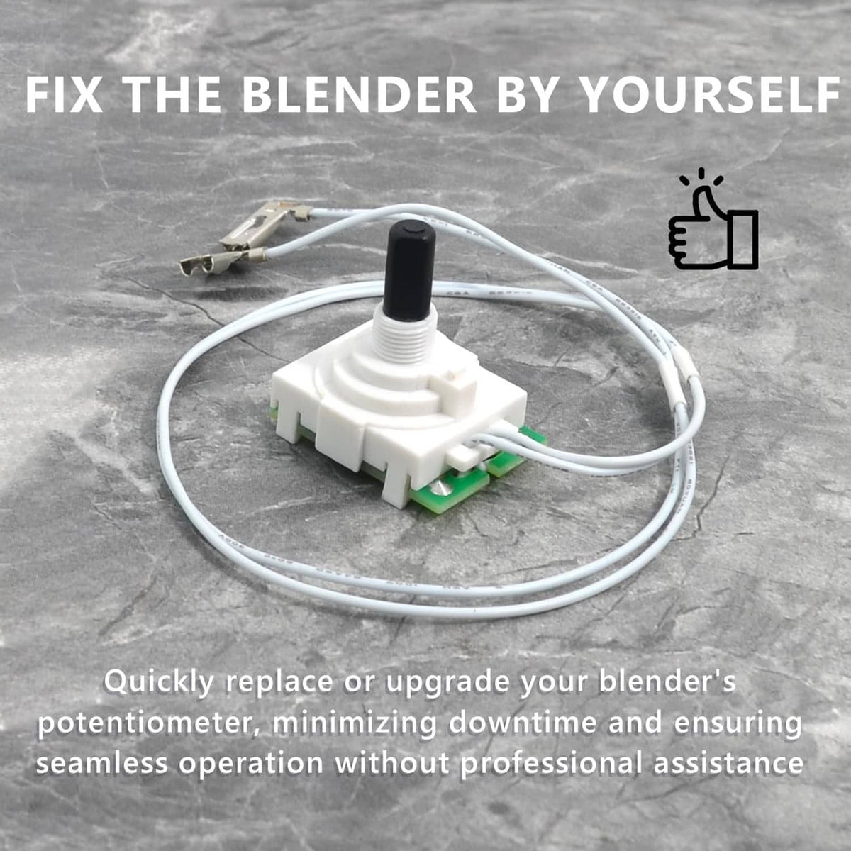 Potentiometer switch replacement with white module, black knob, green PCB, and wire leads
