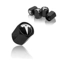 Black tire valve stem caps with white logo, leakproof aluminum style, chrome-like finish