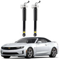 Pair of rear shock absorber struts with black body and silver mounting brackets