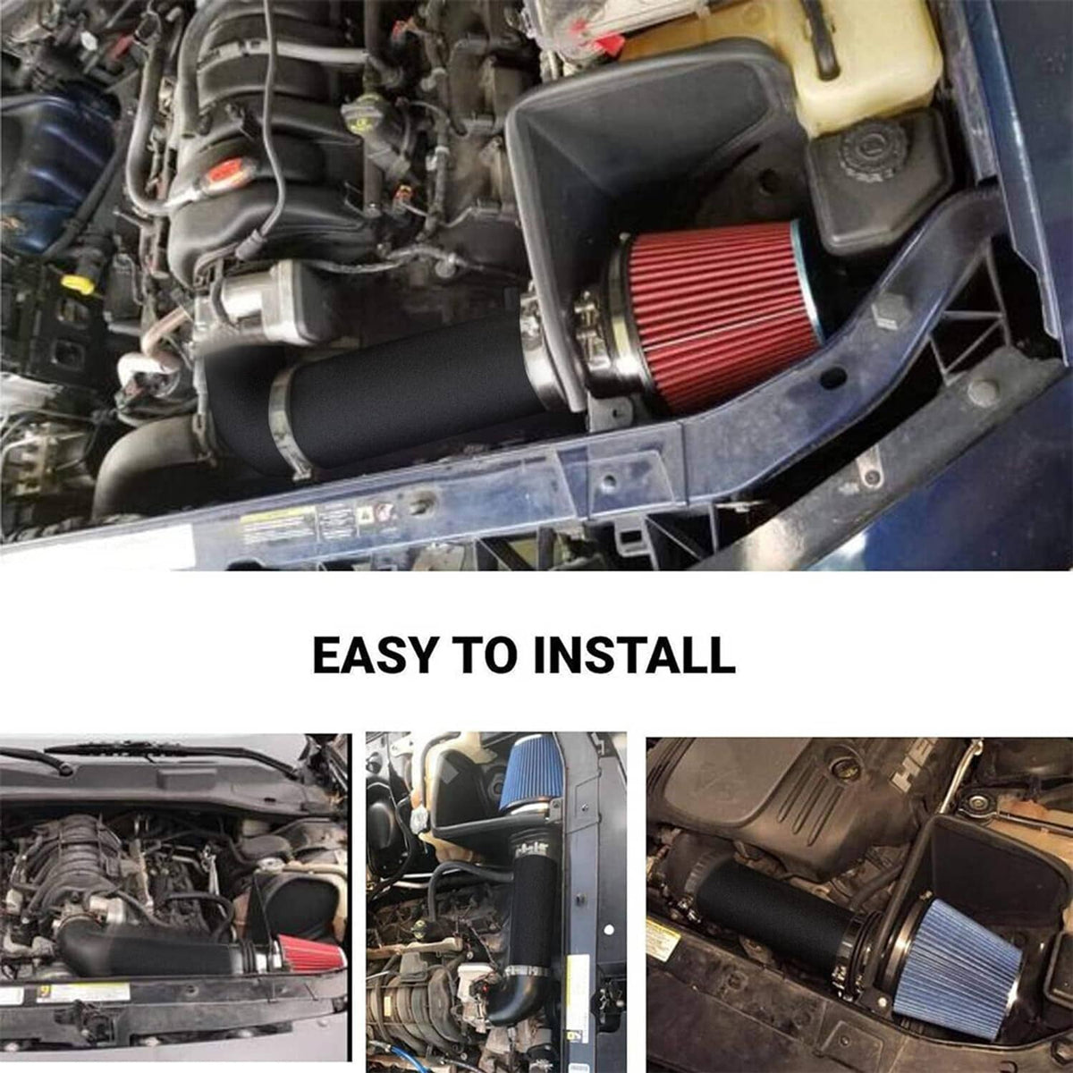 Cold air intake kit installed in engine bay, showing cone filter inside airbox