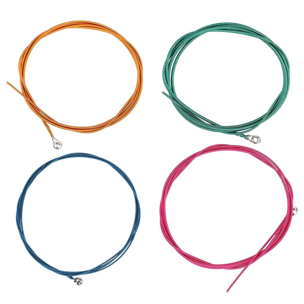 Colored steel bass string set: orange, green, blue, and pink coils with metal end loops