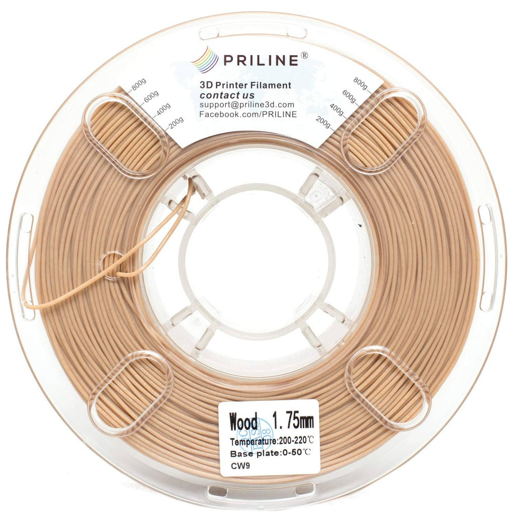 Wood 1.75mm 3D printer filament spool, light-brown strands on clear reel
