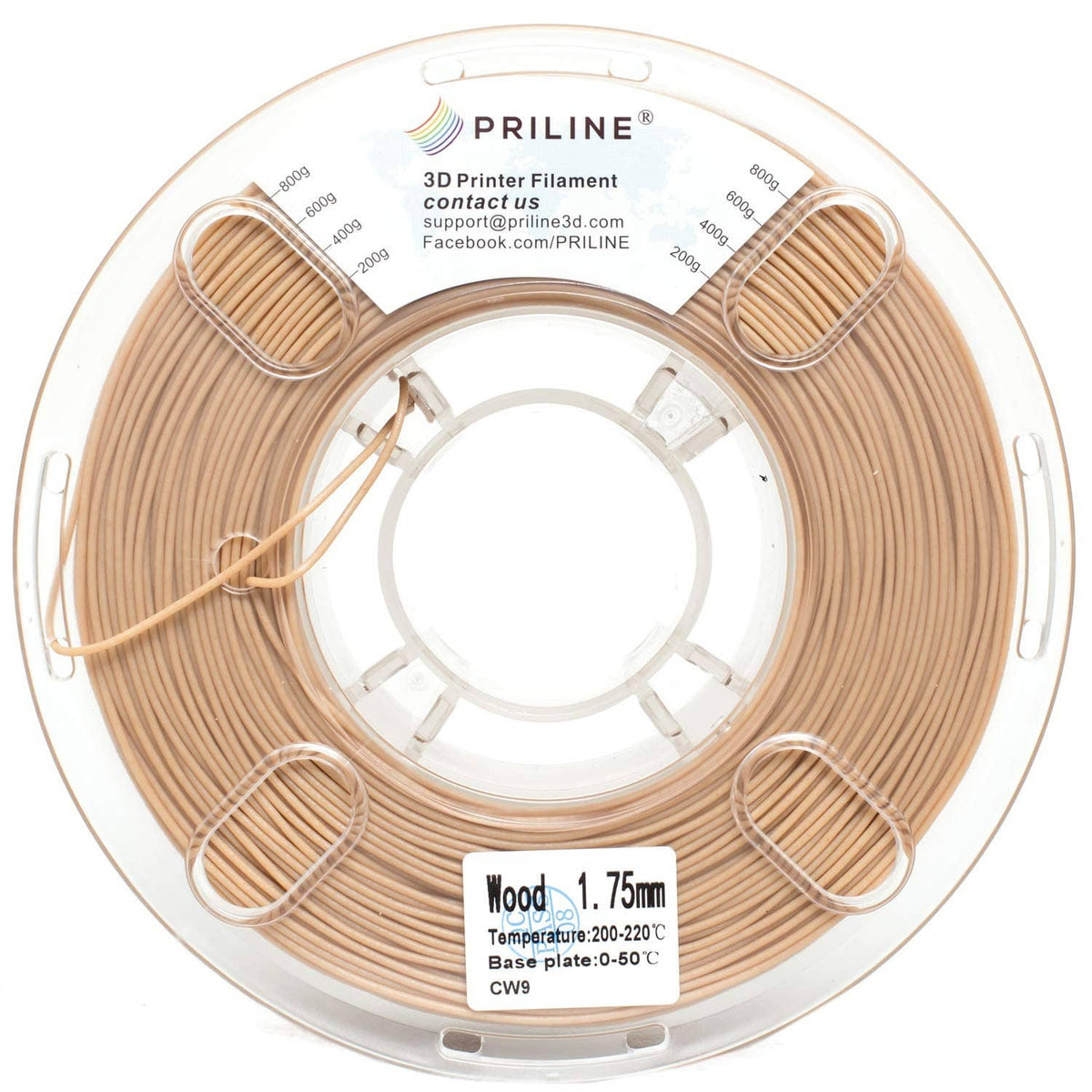Wood 1.75mm 3D printer filament spool, light-brown strands on clear reel