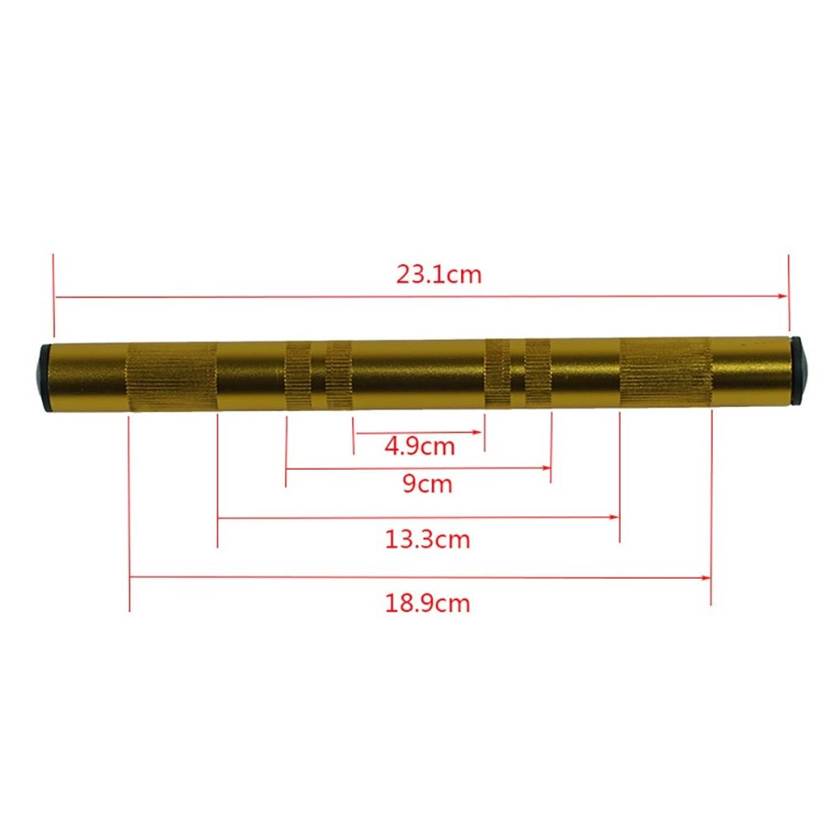 Gold motorcycle handlebar tube with measurement labels showing length and widths